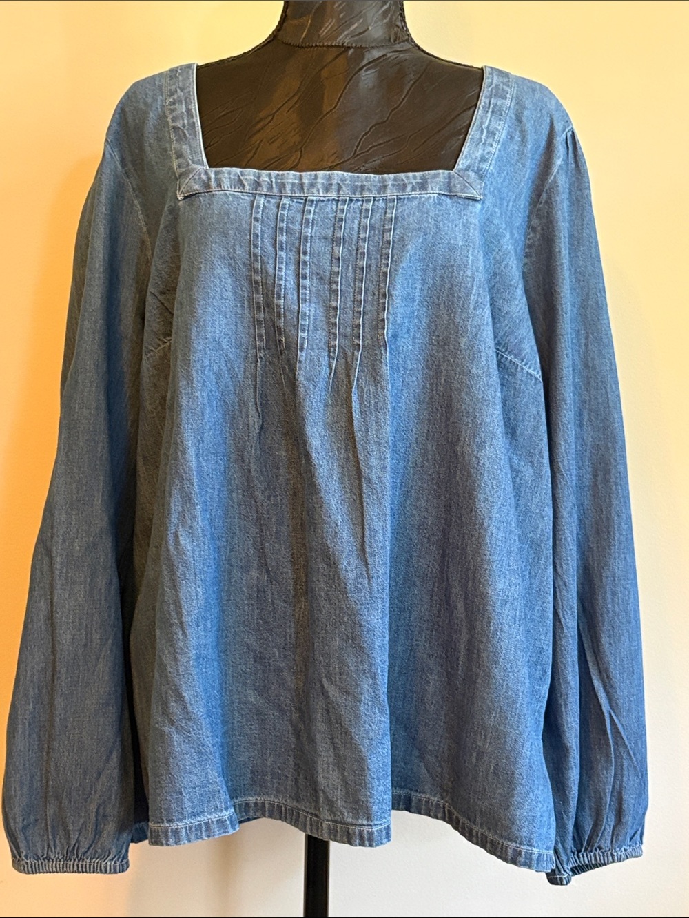 Lane Bryant Light Blue Denim Square-Neck Pintuck Tunic